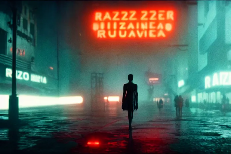 Prompt: film still of razorgirl in blade runner 2 0 4 9, cinematic, moody, gritty neon noir by emmanuel lubezki