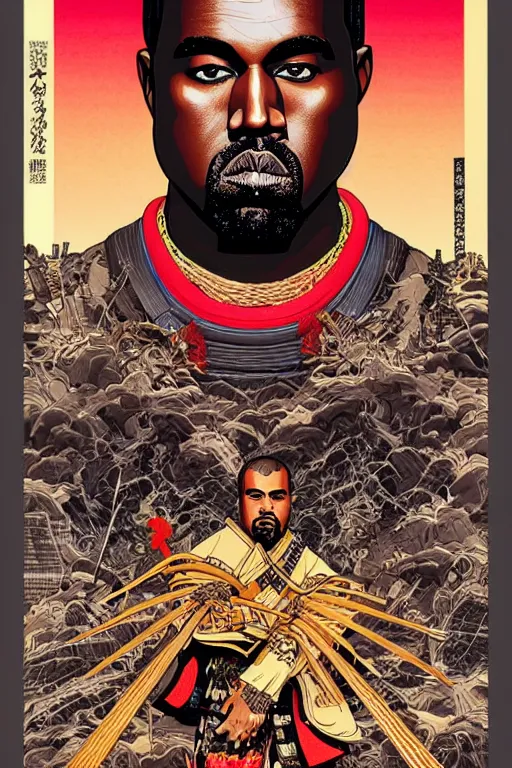 Image similar to poster of kanye west as a samurai, by yoichi hatakenaka, masamune shirow, josan gonzales and dan mumford, ayami kojima, takato yamamoto, barclay shaw, karol bak, yukito kishiro, highly detailed