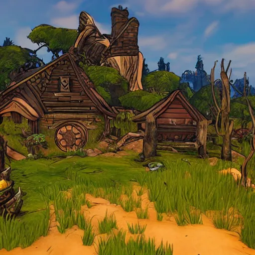 Image similar to the shire in the style of borderlands 3,