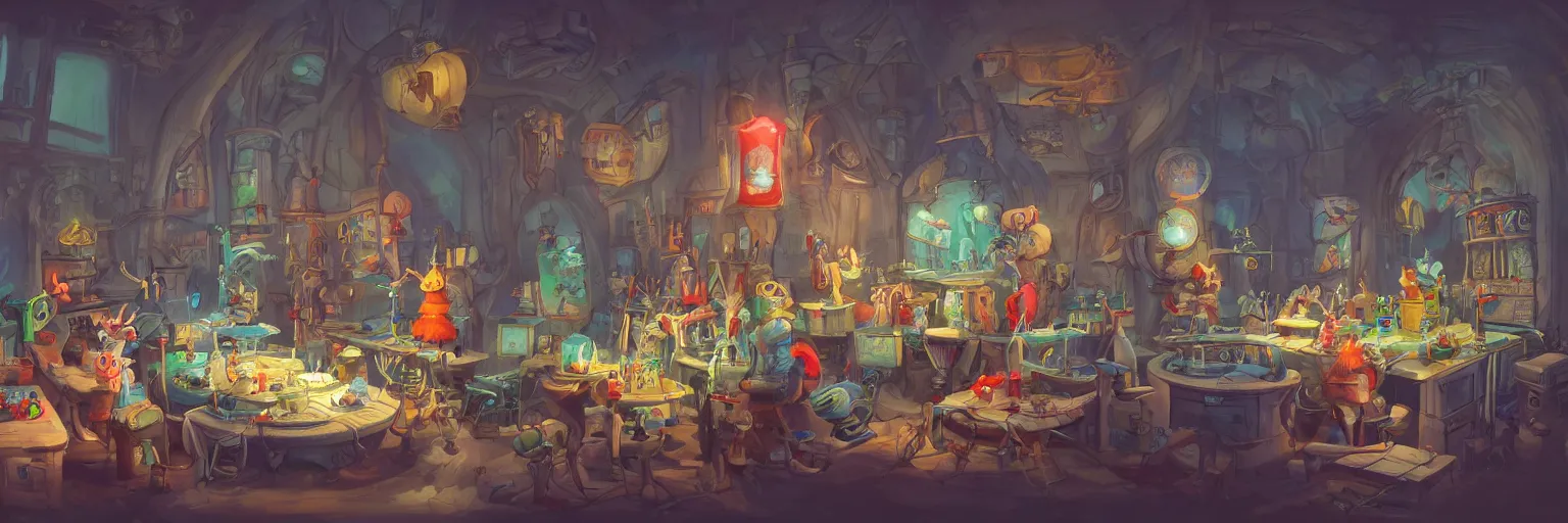 Image similar to 4K concept art of a wizards laboratory, digital art by Dr Seuss, masterpiece trending on artstation