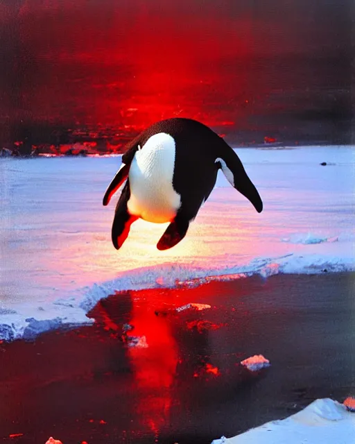 Image similar to a penguin sliding on the ice floe, red lighting, oil painting, art by ruan jia