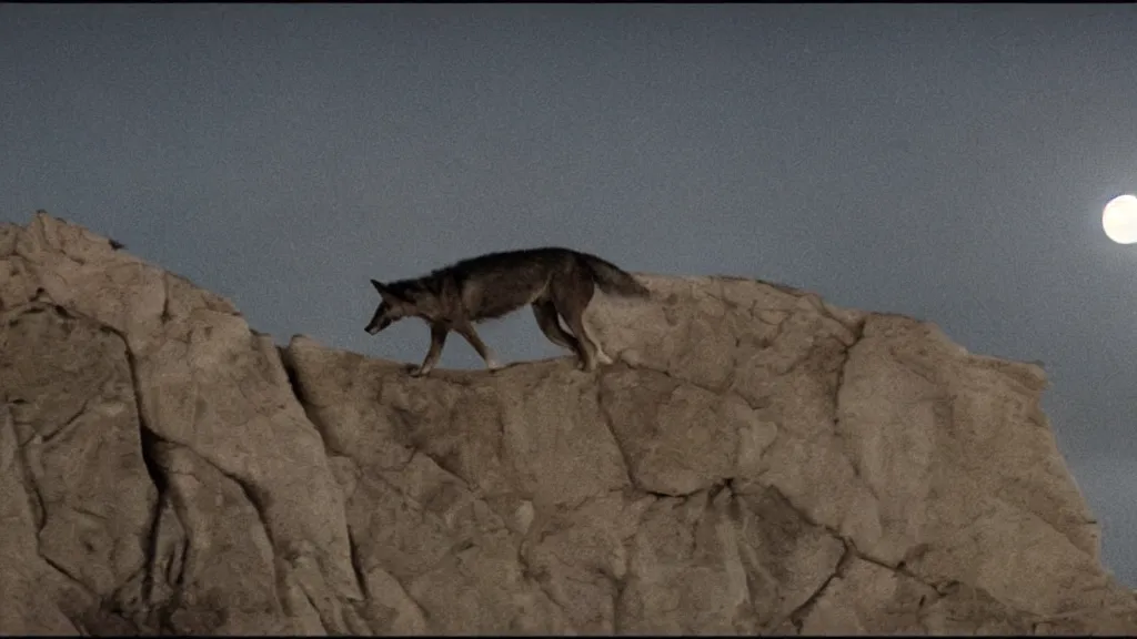 Prompt: Beautiful cinematography of a close up highly detailed David Bowie riding a wolf at night, while on top of a large cliff with the full moon in the background