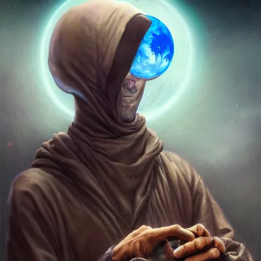 Image similar to masked nomad male wearing a cloak on an alien world and holding a holographic planet projection in his hand, detailed, sci - fi, digital painting, artstation, sharp focus, illustration, ominous, artgerm, tomasz alen kopera, peter mohrbacher, donato giancola, joseph christian leyendecker, wlop, frank frazetta