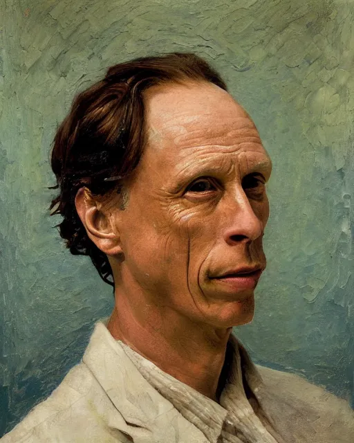 Image similar to painterly portrait, william fichtner, impasto, fantasy, chuck close:7, carl spitzweg:7, cinematic light, full face, symmetrical face