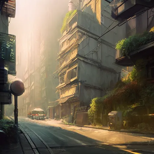 Image similar to overgrown city street atmospheric, kodak, fuji film, photoreal, 12k ursa, volumetric light, cinematic photograph concept art, intricate, artstation, studio ghibli, eddie mendoza, james chadderton