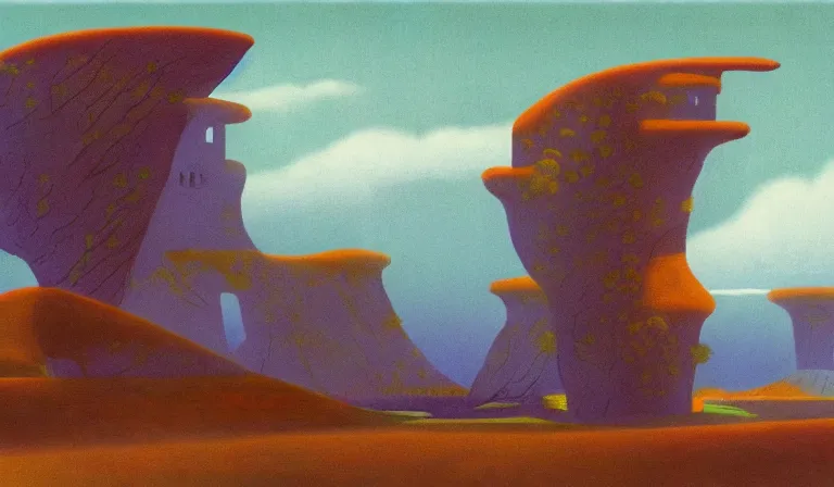 Prompt: A serene landscape with a singular building in the style of Roger Dean.