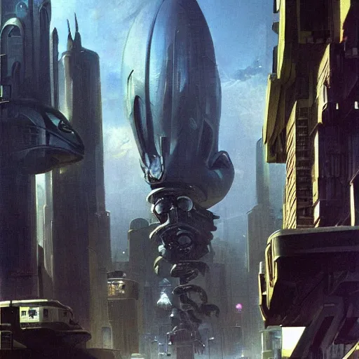 Image similar to An alien cityscape, futuristic alien beings walking through the streets, super advanced alien spacecraft flying in the skies above the city, by Frank Frazetta. Trending on CGSociety, 16k Resolution, hyperdetailed ::