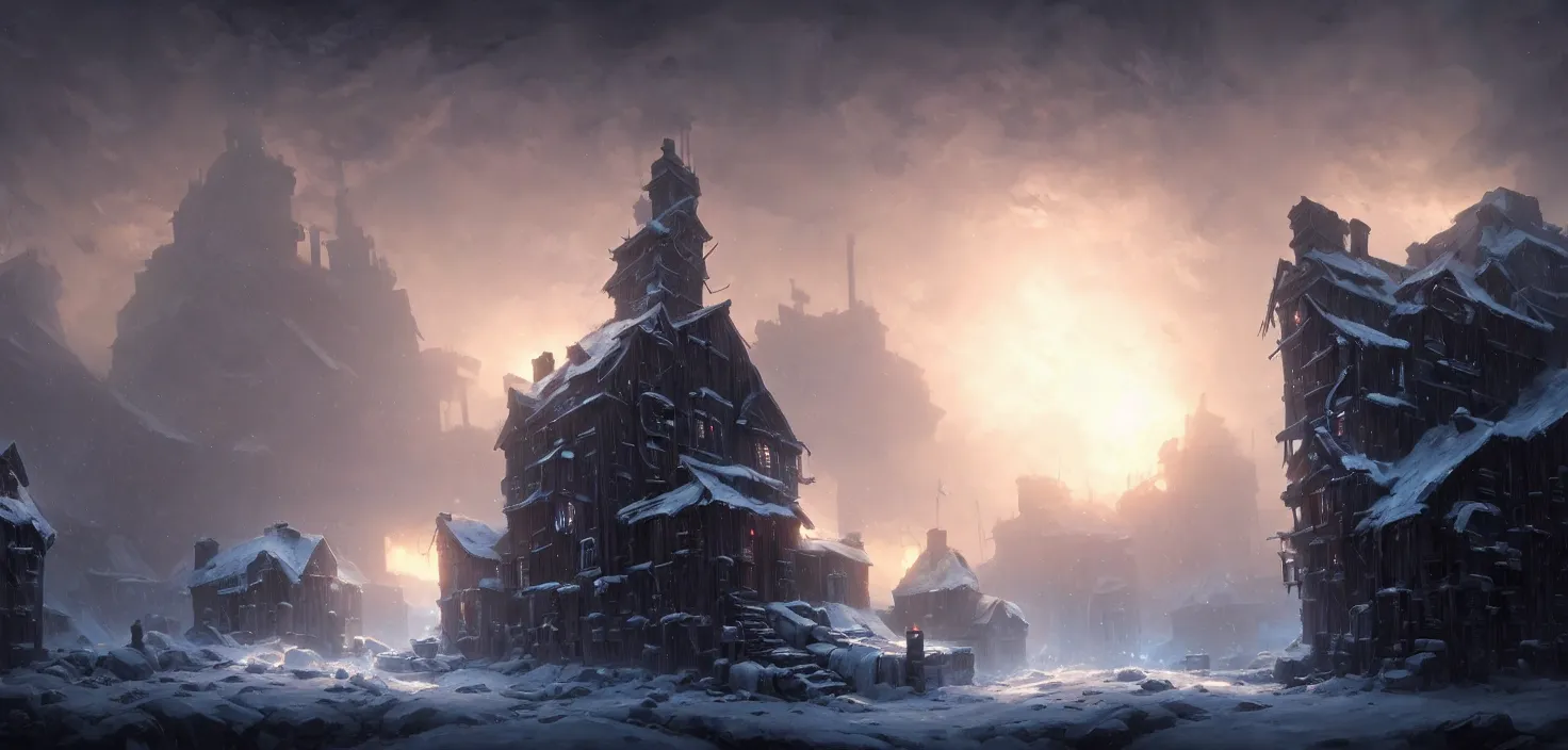 Image similar to frostpunk portal house, cinematic view, epic sky, no people, detailed, concept art, high detail, warm lighting, volumetric, godrays, vivid, beautiful, trending on artstation, by jordan grimmer, huge scene, art greg rutkowski