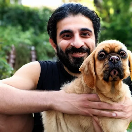 Prompt: half persian man, holding a dog