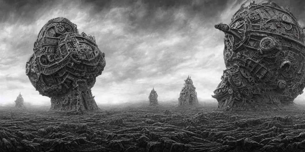 Prompt: a large ominous and geometric very ornate and detailed spaceship, lots of shapes intertwined very large and long floating over a barren dry land with an epic cloud formation on the background by HR GIger, Dariusz Zawadzki, Zdzisław Beksiński, gustave doré, zhuoxin ye, very detailed, octane render, 8k, scary and brooding, scary and dark, canon 24mm lens