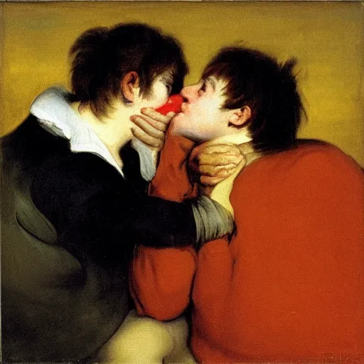 Prompt: putin kissing a boy in the tummy oil painting by francisco goya