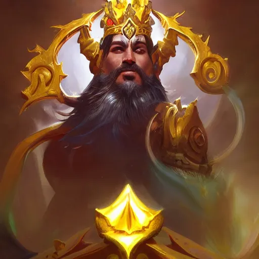 Image similar to a golden majestic king crown with gemstone carved into it, yellow theme, bright art masterpiece artstation. 8 k, sharp high quality artwork in style of jose daniel cabrera pena and greg rutkowski, concept art by tooth wu, blizzard warcraft artwork, hearthstone card game artwork, the crown