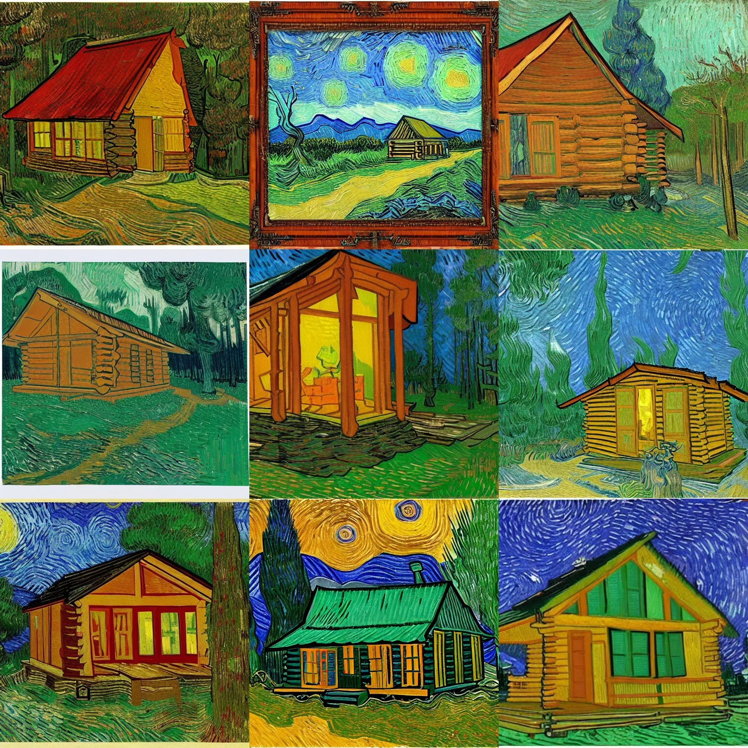 Prompt: [ a log cabin in the forest ] [ van gogh ] [ math ]