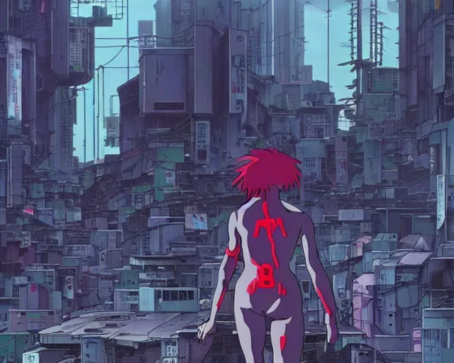 Prompt: Gray sky, futuristic urban slums. Aesthetics of Akira, Ghost in the shell, Neon Genesis Evangelion, Trigun