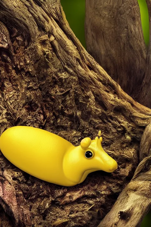 Image similar to A brilliant yellow banana slug with deer antlers, poised magnificently on a tree stump deep in a redwood forest, magical, deep woods, octane render, 8k,realism, insanely detailed, intricate, natural lighting, illustrated by TamberElla, national geographic wildlife photography, digital art, fantasy creature, realistic Trending on artstation, artstationHD, artstationHQ, 4k, 8k