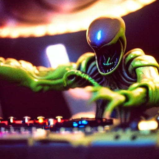 Image similar to xenomorph playing dj in tomorrowland. still film. 35 mm lens. sharp focus. intricate