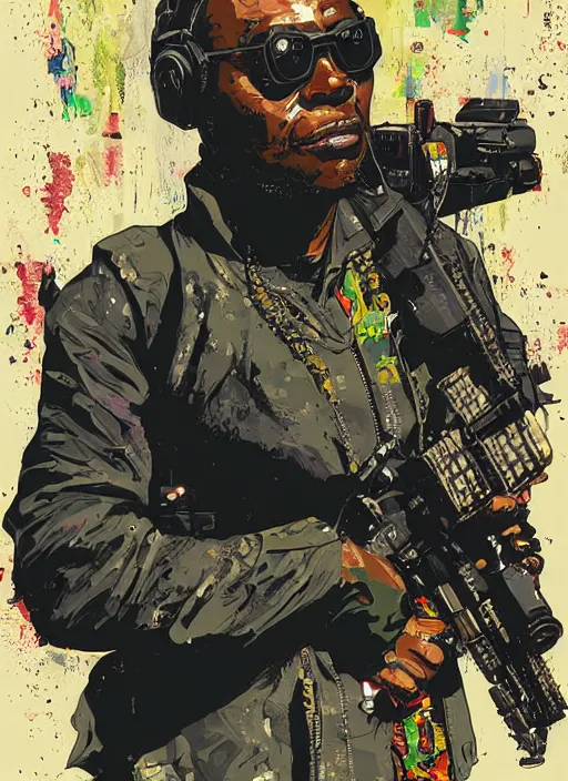 Prompt: chidi igwe. cyberpunk mercenary in military stealth suit. portrait illustration, pop art, splash painting, art by geof darrow, ashley wood, alphonse mucha, makoto shinkai