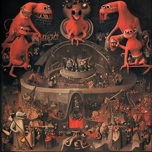 Image similar to muppets in dante's inferno with trumpeters and demons, intricate detail, hieronymous bosch, whealan, hd, unreal engine