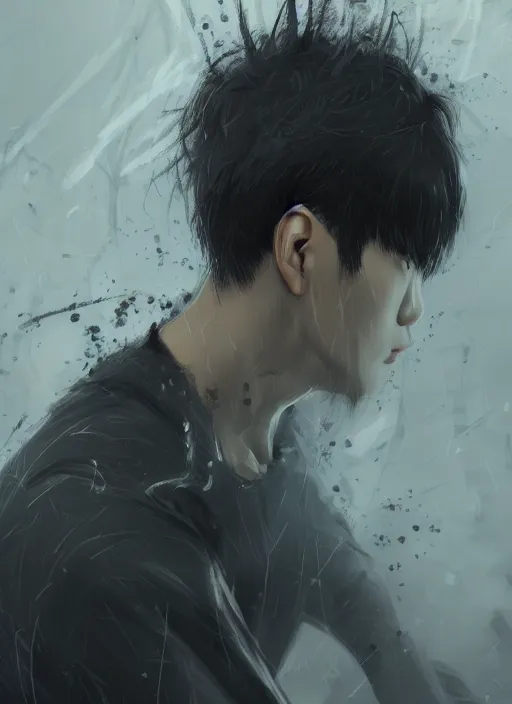 Prompt: a highly detailed illustration of korean man with bowl cut black hair wearing tie with giant black claws, wielding giant black fog claws pose, tired expression, foggy black mist surrounding background, intricate, elegant, highly detailed, centered, digital painting, artstation, concept art, smooth, sharp focus, league of legends concept art, wlop.