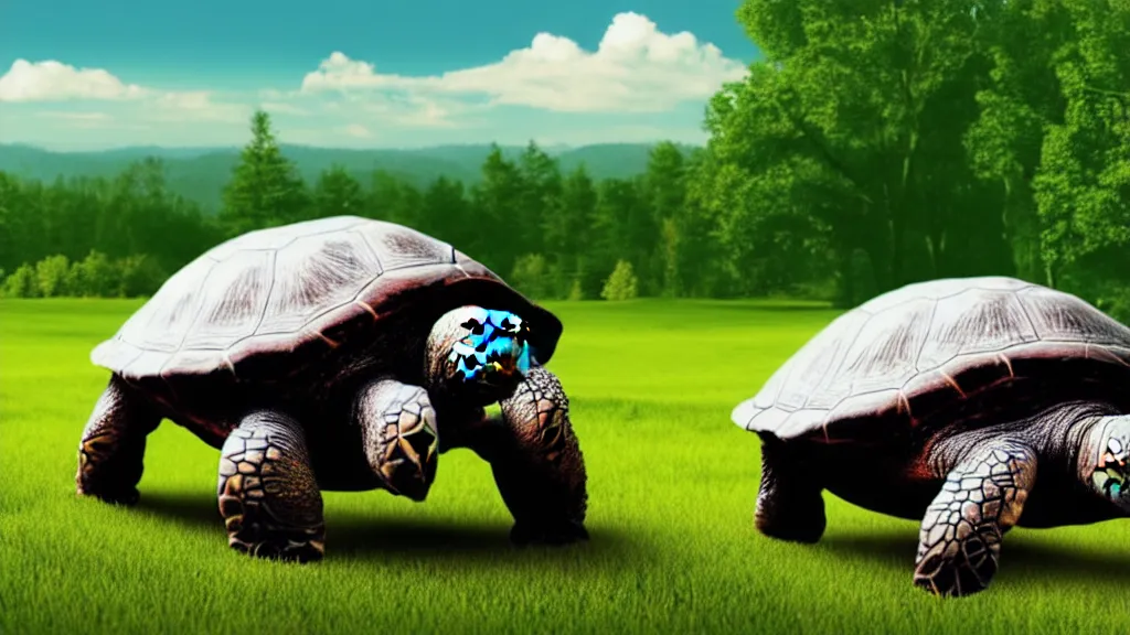 Image similar to Giant turtle with a city on it's back, walking through an open field, forest visible in the background