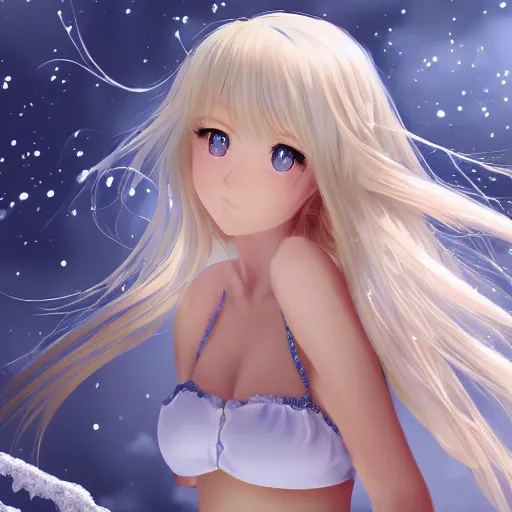 Prompt: winter picture : a detailed very beautiful young blond anime girl, detailed sky blue eyes, cute, bikini, white miniskirt, highly detailed, cinematic wallpaper by stanley artgerm lau