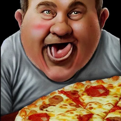 Image similar to a half-dwarf man eating cheese pizza, focus face, hard sketch