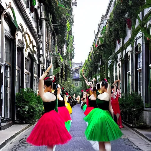 Prompt: The leafy streets ripple with the sound of ballerinas cackling. They splurge from the gilded doorways, all dressed in white and black and crimson. Their faces are painted like jewels: red-hot rubies for their mouths, green emeralds for their eyes, blue sapphires for their cheeks.