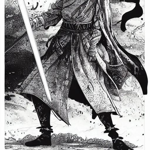 Image similar to a handsome golden Vagabond magic swordsman glides through a beautiful battlefield magic the gathering dramatic esoteric pen and ink illustrated in high detail by Kishimoto