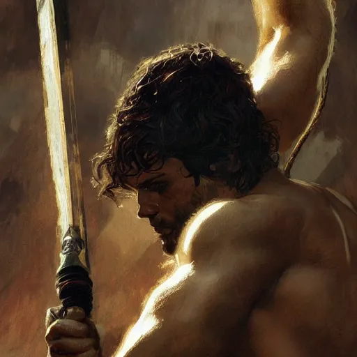 Image similar to henry cavill as a greek gladiator, gorgeous, amazing, muscular, intricate, highly detailed, digital painting, artstation, concept art, sharp focus, illustration, art by greg rutkowski and alphonse mucha