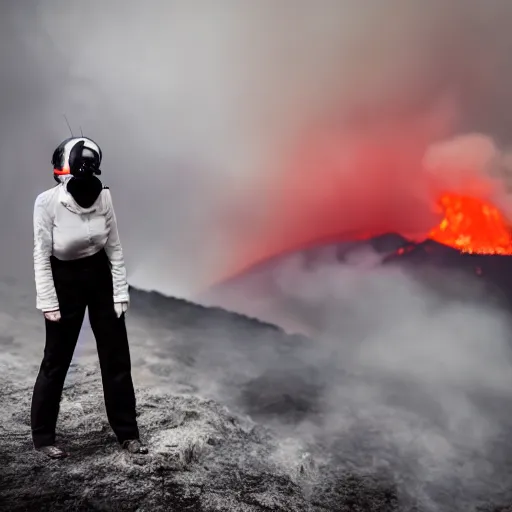 Image similar to a woman with white suit, she wear red eyed gasmask, in volcano, standing close to volcano, fire raining, professional photography, black and white, cinematic, eerie