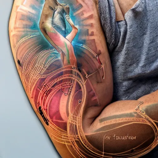 Prompt: a person with digital tatoos on the arms that show vital signs and health information standing in beautiful nature, intricate, HDR, very detailed