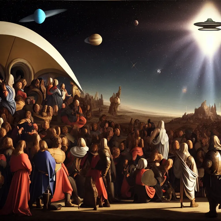 Prompt: crowd of medieval people surrounding UFO flying saucer on exoplanet, dream-like atmosphere, baroque portrait painting, perfect portrait composition, beautiful detailed intricate insanely detailed octane render trending on Artstation, 8K artistic photography, photorealistic, soft natural volumetric cinematic perfect light, chiaroscuro, award-winning photograph, masterpiece, Raphael, Caravaggio, Greg Rutkowski, Beeple