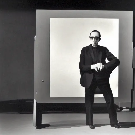 Prompt: Kodachrome portrait of Marcel Duchamp with an technologival machine, archival pigment print in the style of Hito Steyerl, studio shooting, contemporary art
