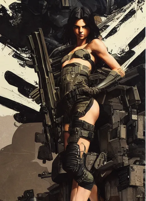 Prompt: kendall Jenner wearing metal gear armor holding gun dramatic lighting art by Richard Schmid by Hokusai by Yoji Shinkawa by greg rutkowski by Sandra Chevrier cinematic dramatic