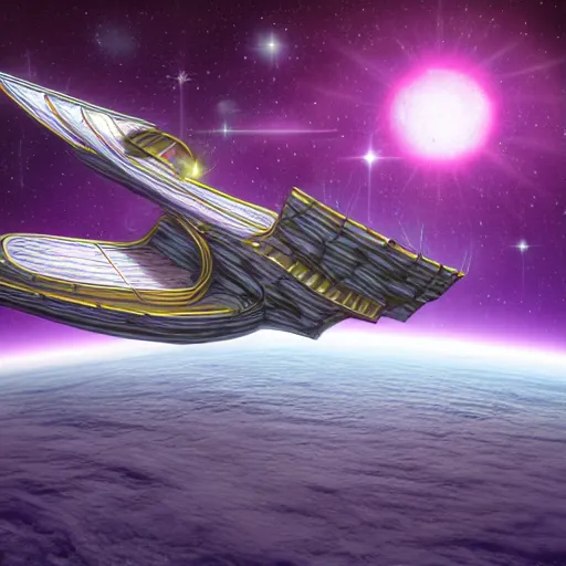 Image similar to spelljammer ship floating in space, purple