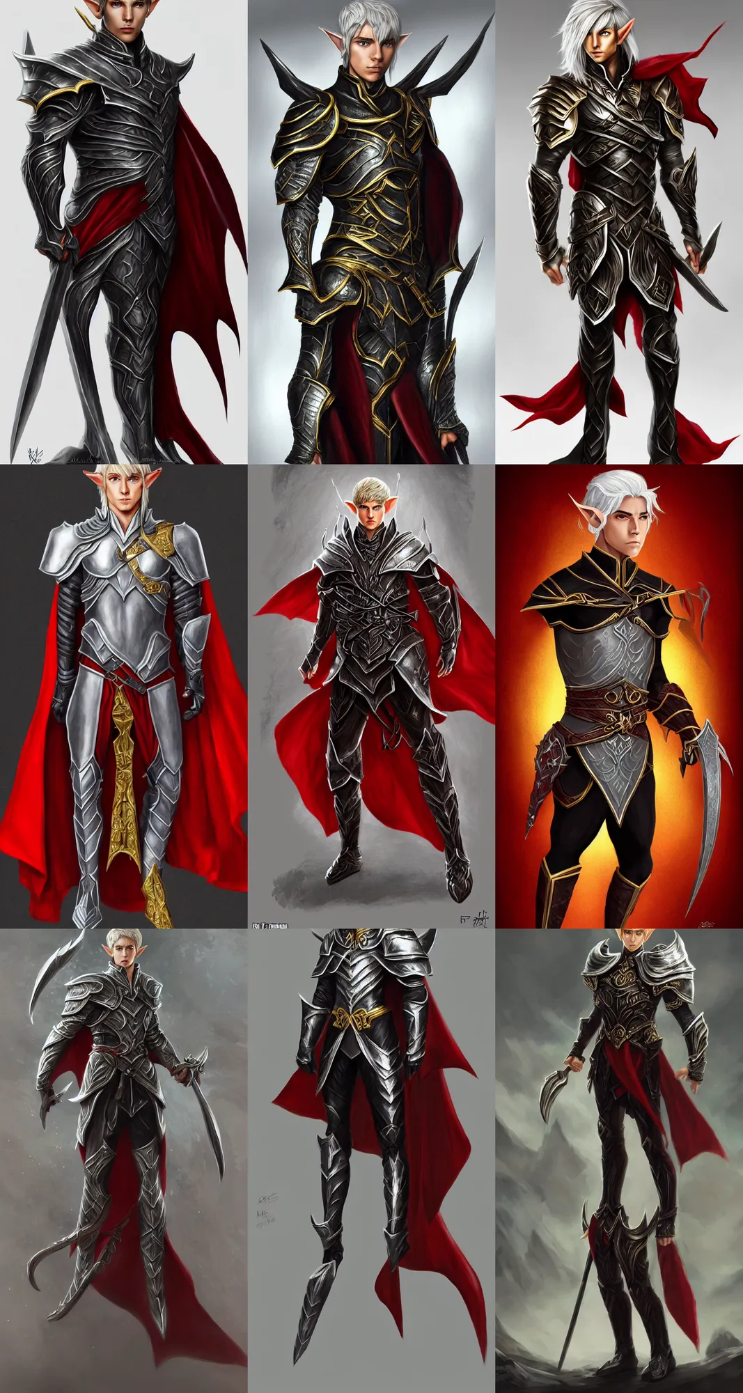 Prompt: A full body portrait of a male elf, he is about 20 years old, attractive, lean but muscular, serious composure, short silver hair, prideful look, he is wearing black heavy armor with gold plating with a red cape, highly detailed portrait, digital painting, ArtStation, concept art, smooth, sharp focus illustration, ArtStation HQ