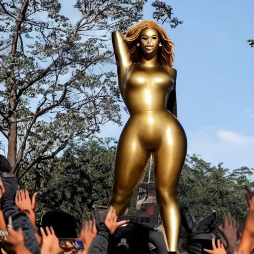 Prompt: a huge statue of beyoncé in a large city