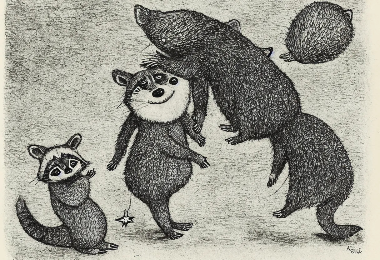 Image similar to one raccoon holding up and looking at a starfish, maurice sendak