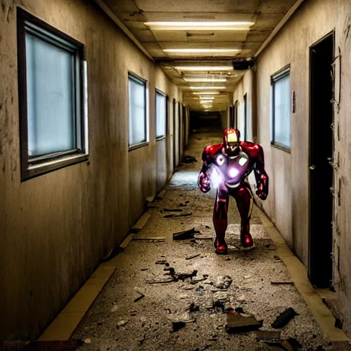 Image similar to ironman in a dark hallway of an abandoned asylum, 4 k, high detail, high - resolution photograph, professional photography, ultra - detail