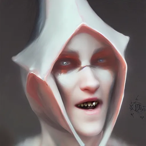 Image similar to a vampire showing her fangs, wearing a conical dunce cap and covering her eyes, ultra high detailed, oil painting, greg rutkowski, charlie bowater, yuumei, yanjun cheng, unreal 5, daz, hyperrealistic, octane render, rpg portrait, dynamic lighting