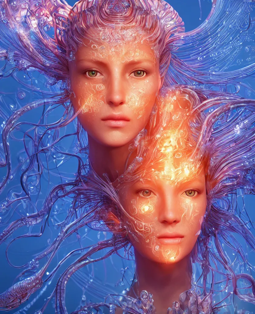 Image similar to close-up macro portrait of the face of a beautiful princess, epic angle and pose, symmetrical artwork, 3d with depth of field, blurred background, cybernetic jellyfish female face skull phoenix bird, translucent, nautilus, energy flows of water and fire. a highly detailed epic cinematic concept art CG render. made in Maya, Blender and Photoshop, octane render, excellent composition, cinematic dystopian brutalist atmosphere, dynamic dramatic cinematic lighting, aesthetic, very inspirational, arthouse. y Greg Rutkowski, Ilya Kuvshinov, WLOP, Stanley Artgerm Lau, Ruan Jia and Fenghua Zhong