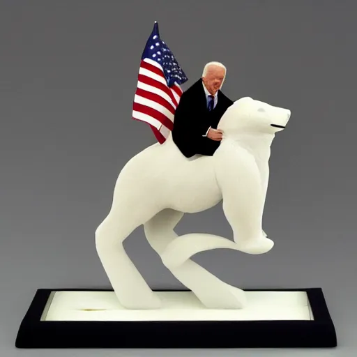 Image similar to biden riding a polar bear, metal sculpture