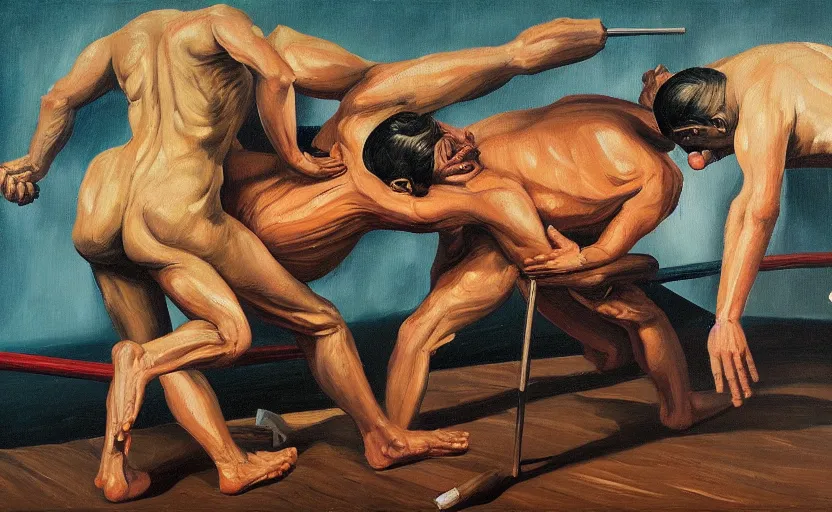 Prompt: Oil painting of two man in a business suit fighting each other by Lucian Freud, Abstract brush strokes, Masterpiece, Edward Hopper and James Gilleard, Zdzislaw Beksinski, Mark Ryden, Wolfgang Lettl highly detailed, hints of Yayoi Kasuma