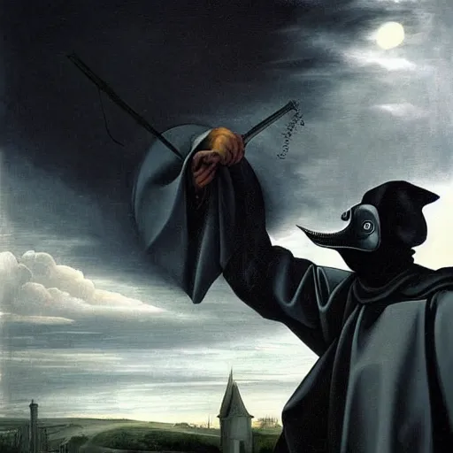 Image similar to medieval plague doctor under the cloudy sky apocalyptic deviant art dark art caravaggio