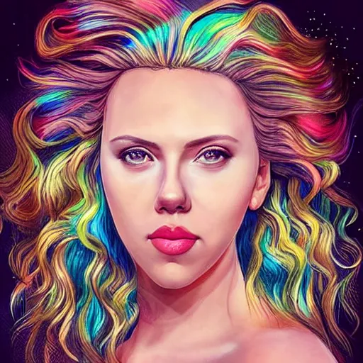 Image similar to “Scarlett Johansson portrait, fantasy, mermaid, cartoon, pearls, glowing hair, shells, gills, crown, water, highlights, starfish, goddess jewelry, realistic, digital art, pastel, magic, fiction, ocean, game, Queen, colorful hair, sparkly eyes”