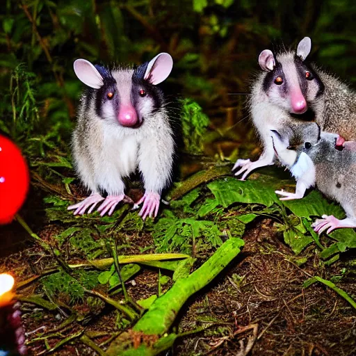 Prompt: photo of opossum birthday party in the forest at night