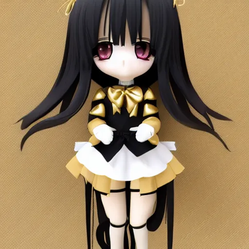 Prompt: cute fumo plush of a gothic maiden in a gold and black uniform, laces and ribbons, soft shadow, anime girl, vray, white frame