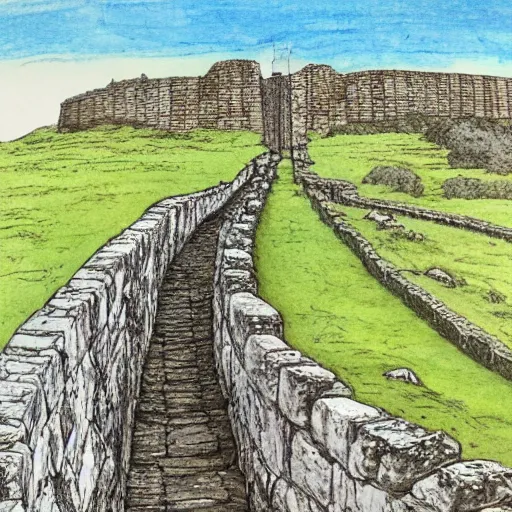 Image similar to pen illustration of hadrian's wall