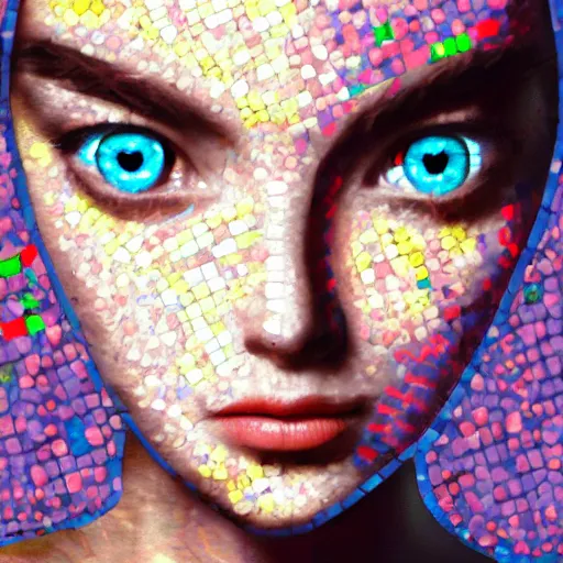 Image similar to mosaic of a cute young woman with robot ears and eyes, 4k, intricate details