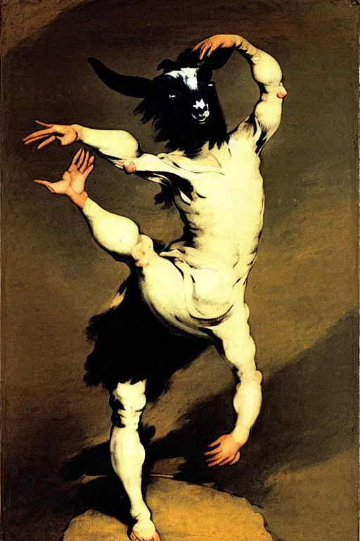 Image similar to dancing man with a goat head by francisco goya